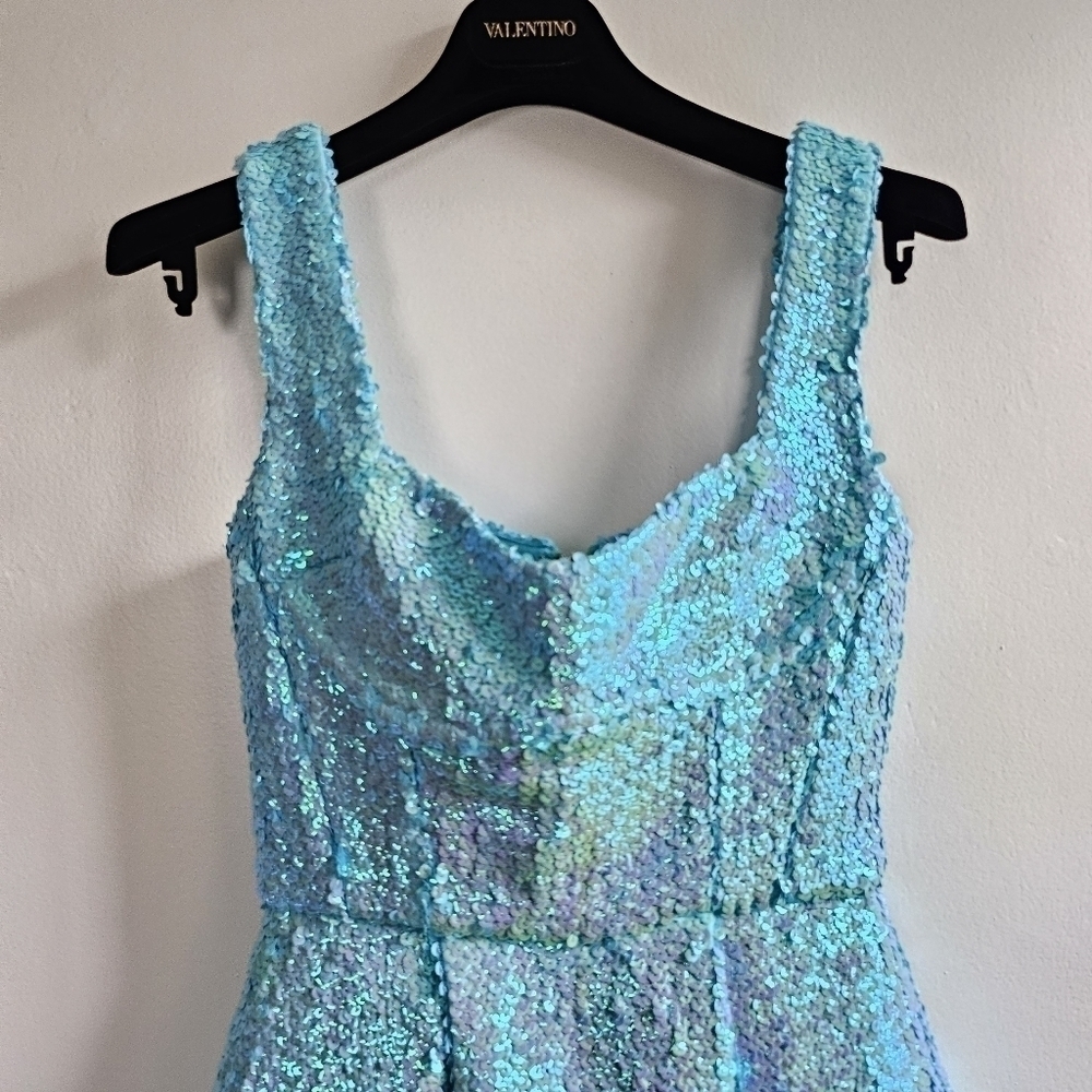 New Bronx And Banco Pleated Sequin Sweetheart Turquoise Midi Dress Large/8 US - Picture 10 of 15